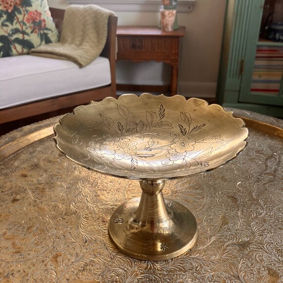 Vintage Etched Brass Bowl on Pedestal Stem - 1970's - Picture 7 of 15